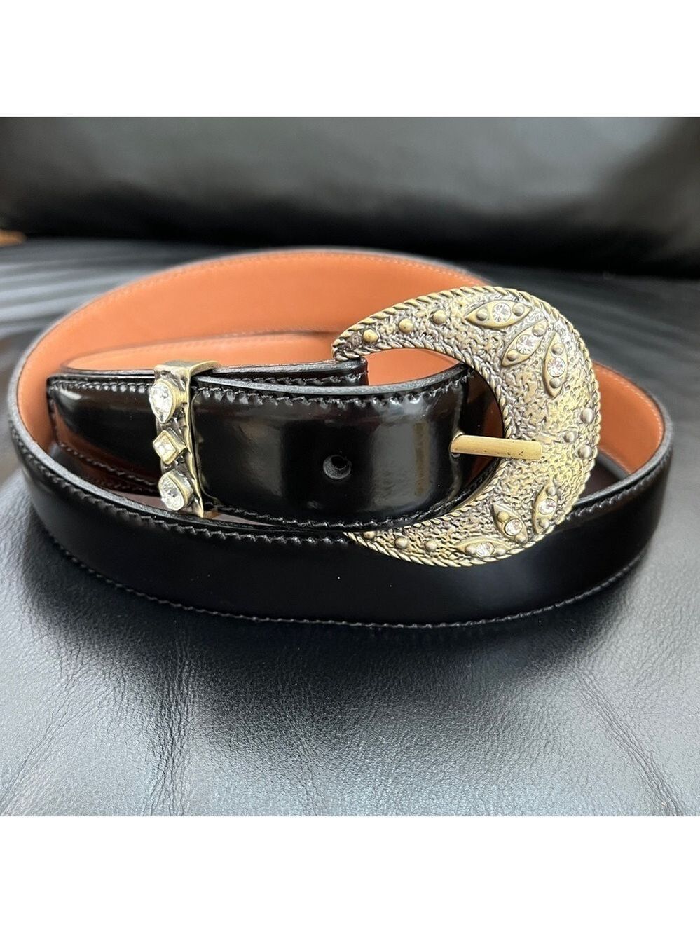 LUISACCHI Belt Black Genuine Leather Brass Tone Buckle Rhinestones Western XXL